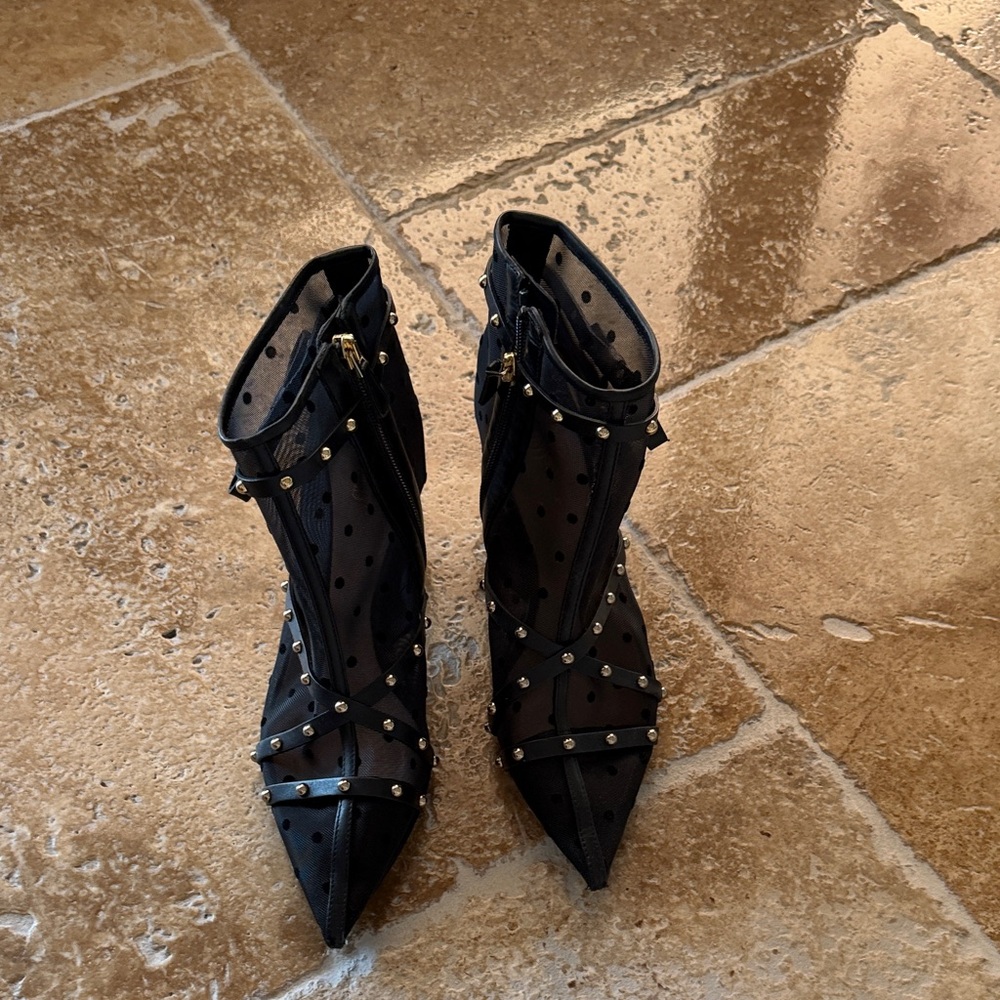 RED Valentino Black Sheer Mesh Studded Pointed-Toe Ankle Boots